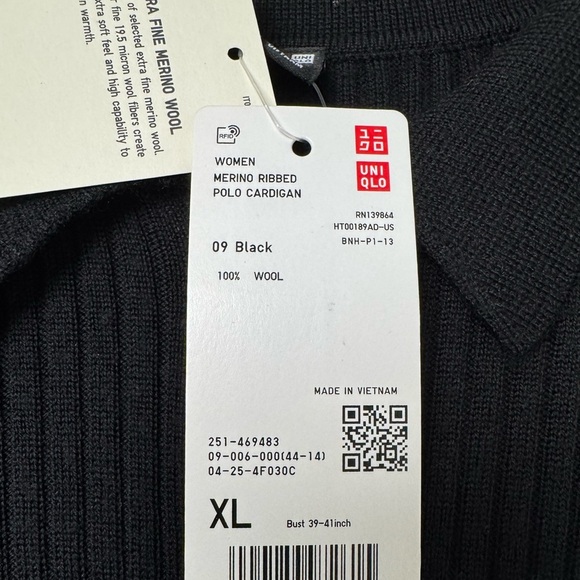 NWT 100% Extra Fine Merino Wool Ribbed Long Sleeve Polo Cardigan Black XL - Picture 13 of 15